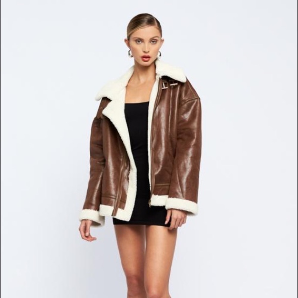 Lioness Heiress Brown Vegan Leather Oversized Aviator Jacket